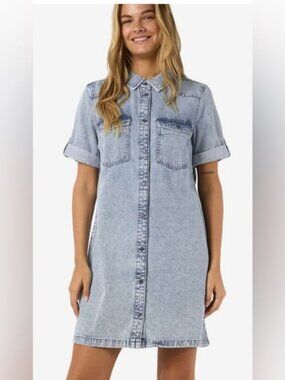 Noisy Mae Short Sleeve Button Down Denim Dress - M